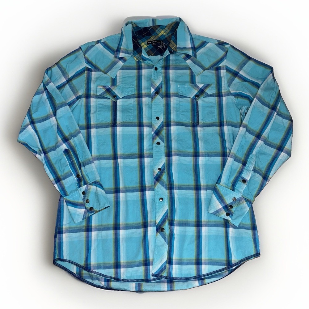 Tin Haul Turquoise & Blue Plaid Long Sleeve Western Shirt Snap Buttons Size: XL
